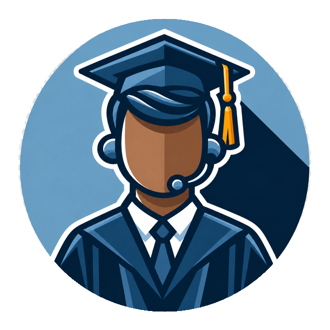An intake agent in a headset, wearing a graduate cap